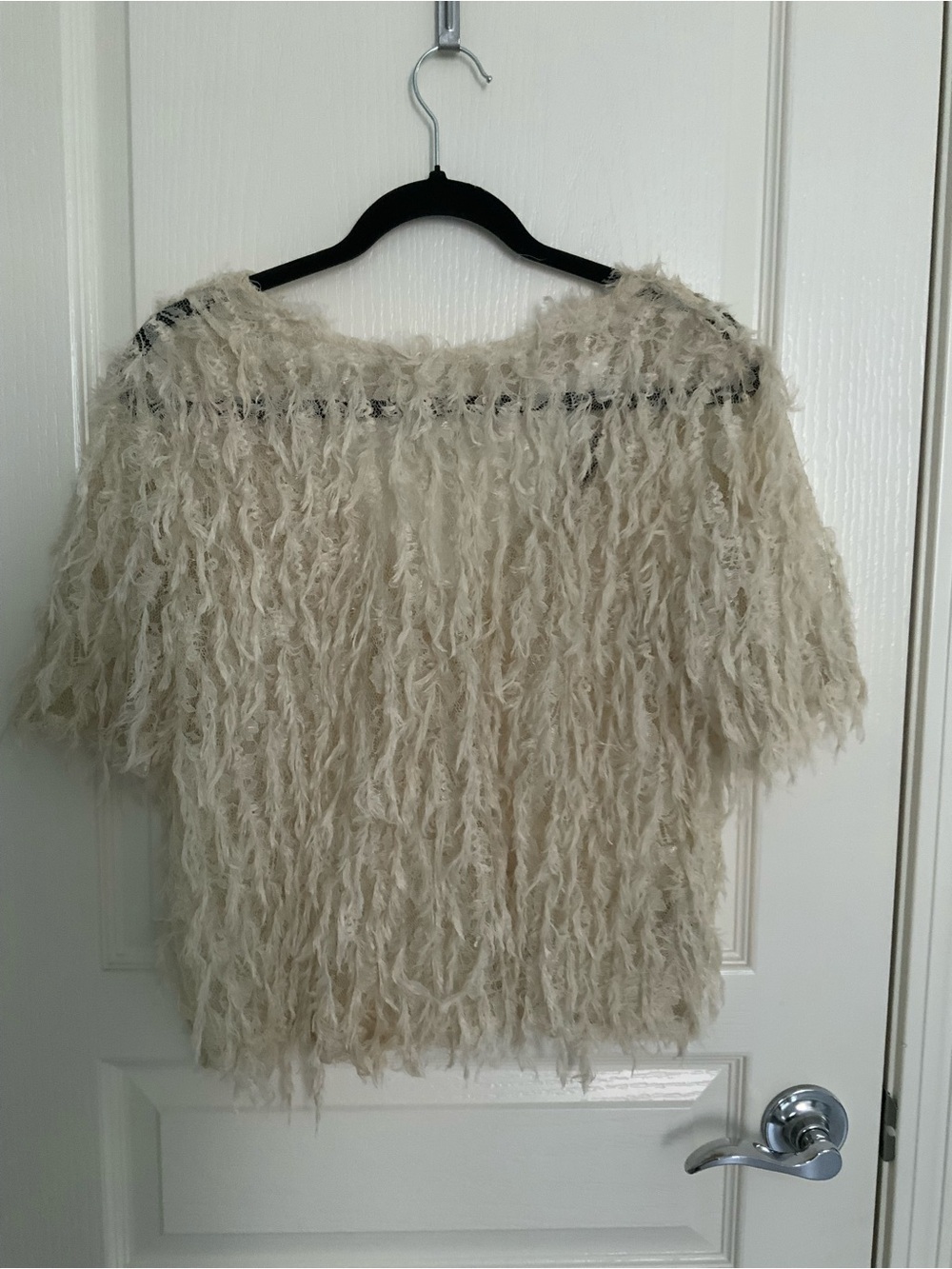 Zara Cream V-Neck Shaggy Knit Sweater  Smocked Mesh Top Medium - Picture 2 of 5